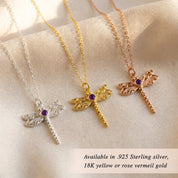 Three dragonfly birthstone necklaces shown together in silver, gold and rose gold finishes, custom birth month gemstone pendant options, personalized dragonfly necklace set for bridesmaids or friends, dainty nature jewelry gift, anniversary present, birthday keepsake, minimalist layering necklaces