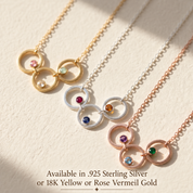 Birthstone circle necklaces shown in sterling silver, yellow gold and rose gold with colorful gemstones.
