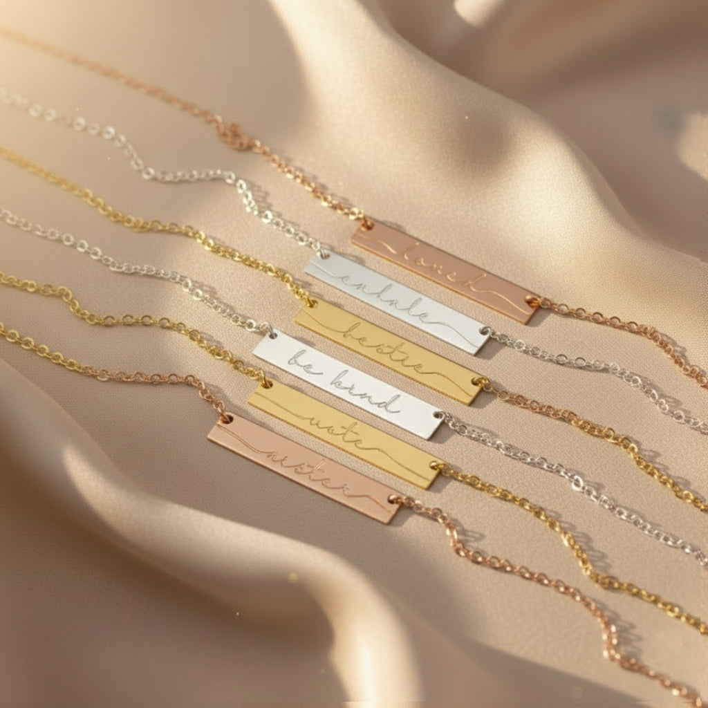 Multiple engraved inspirational bar necklaces on a white background. Engraved bar pendant for special memories Personalized bar necklace with unique touch Custom bar necklace for meaningful gifts Engraved minimalist bar necklace for bridesmaids Personalized bar pendant with custom engraving Custom bar necklace for special memories Engraved bar necklace for her unique style Personalized minimalist bar pendant with name Custom bar necklace for friends and family