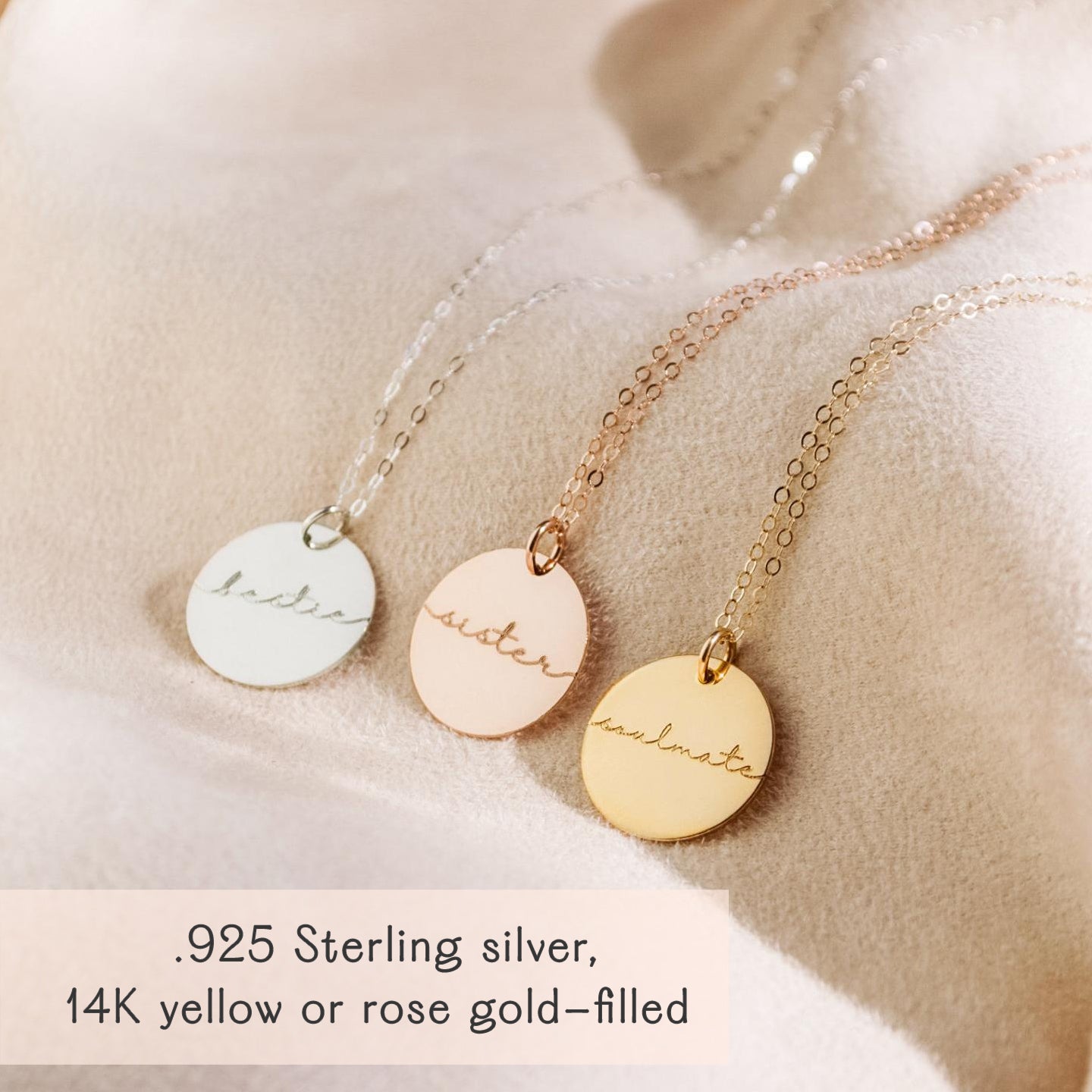 Custom engraved disc pendant necklaces in sterling silver or gold filled, class of 2025 personalized graduation gifts.