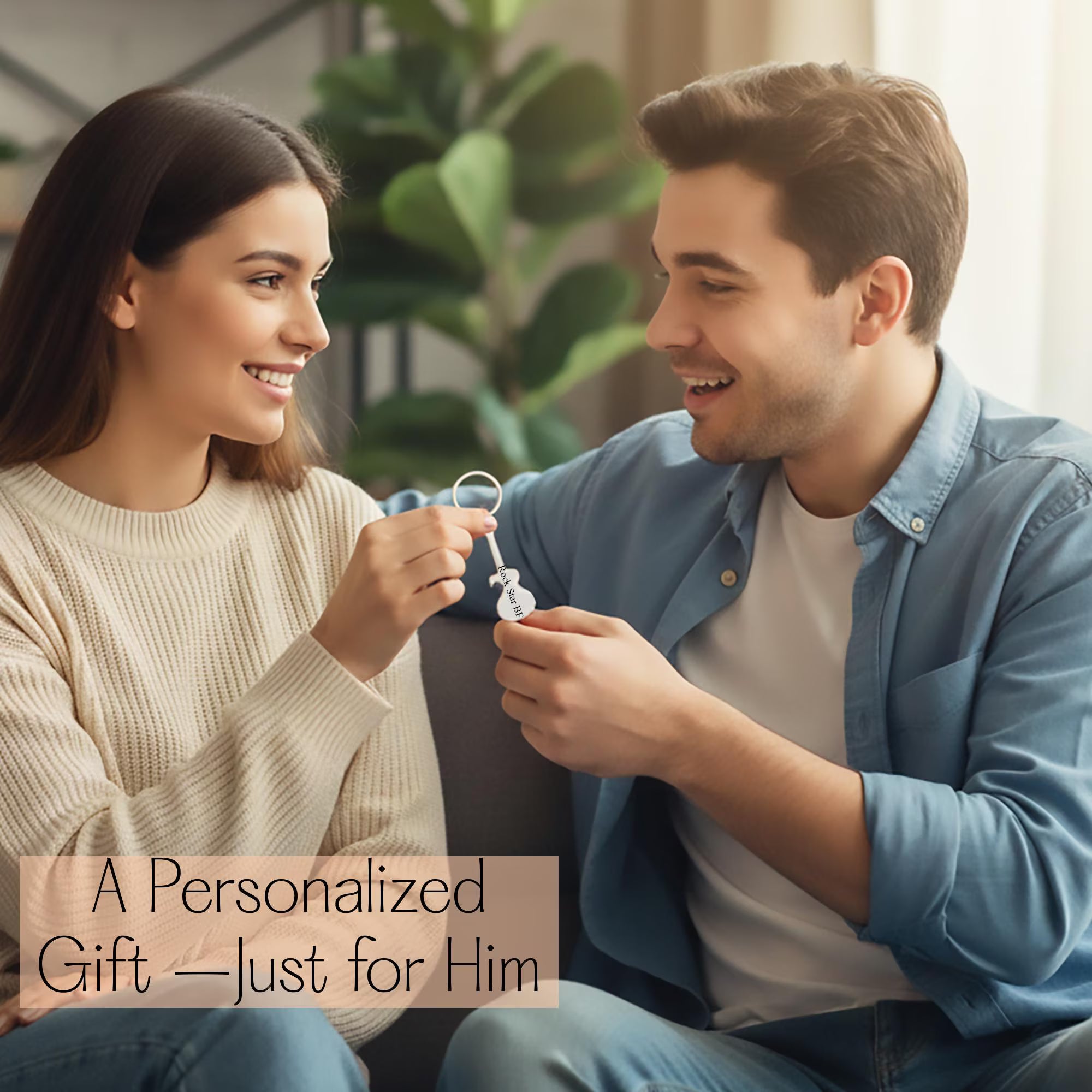 Woman gifting a personalized guitar bottle opener keychain to her partner. Custom engraved music gift for him, perfect for birthdays or Father’s Day.