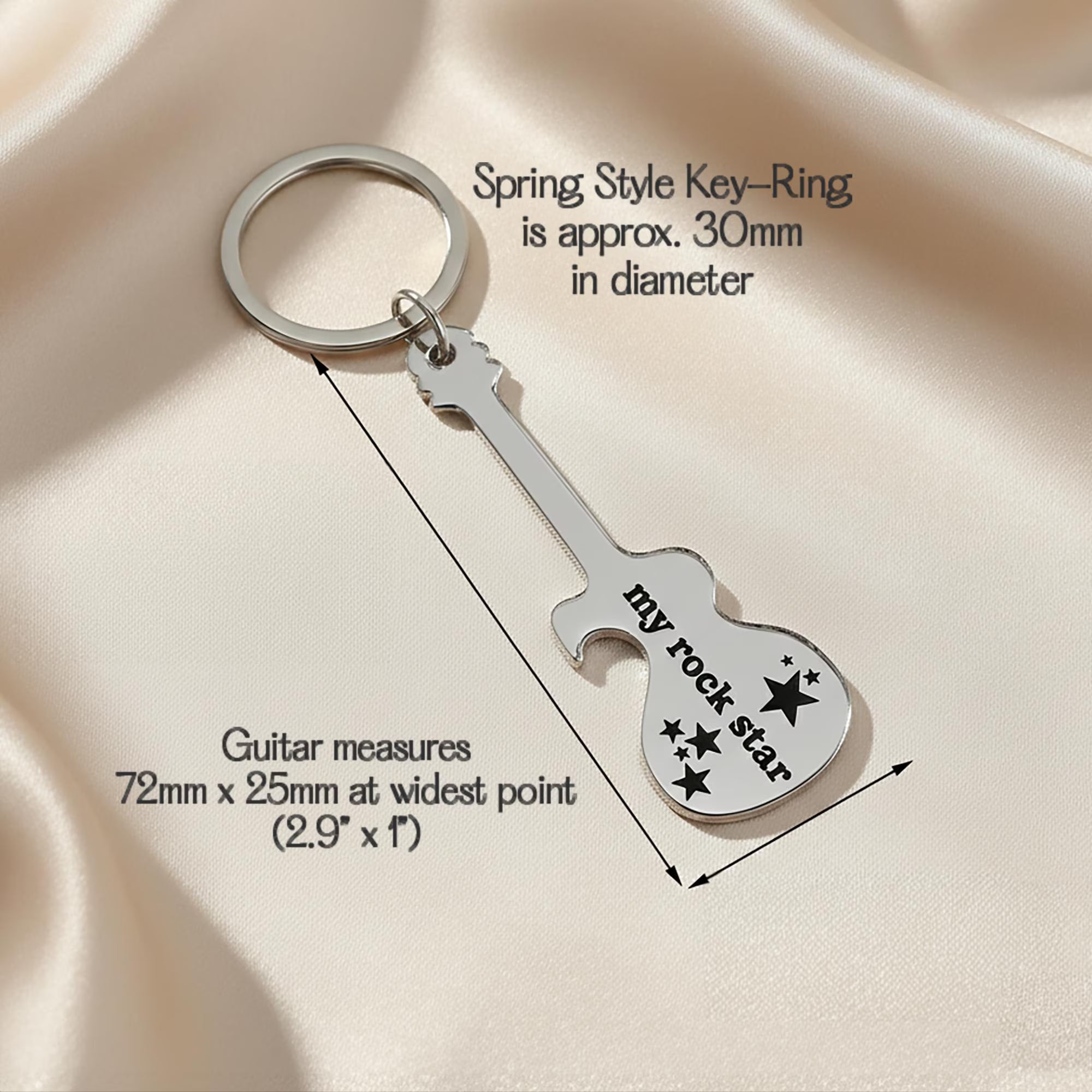 Guitar bottle opener keychain shown with size measurements. Compact personalized keychain designed for comfort and functionality.