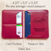 Personalized leather passport holder shown open with custom inside engraving, featuring card pockets, ticket slot, and passport sleeve. Fully customizable with quotes, handwriting, or monograms, this engraved leather travel wallet makes a thoughtful gift for graduations, honeymoons, anniversaries, or retirements. Handmade from genuine leather in multiple colors, it’s a practical yet meaningful travel accessory that keeps essentials secure while celebrating new adventures.