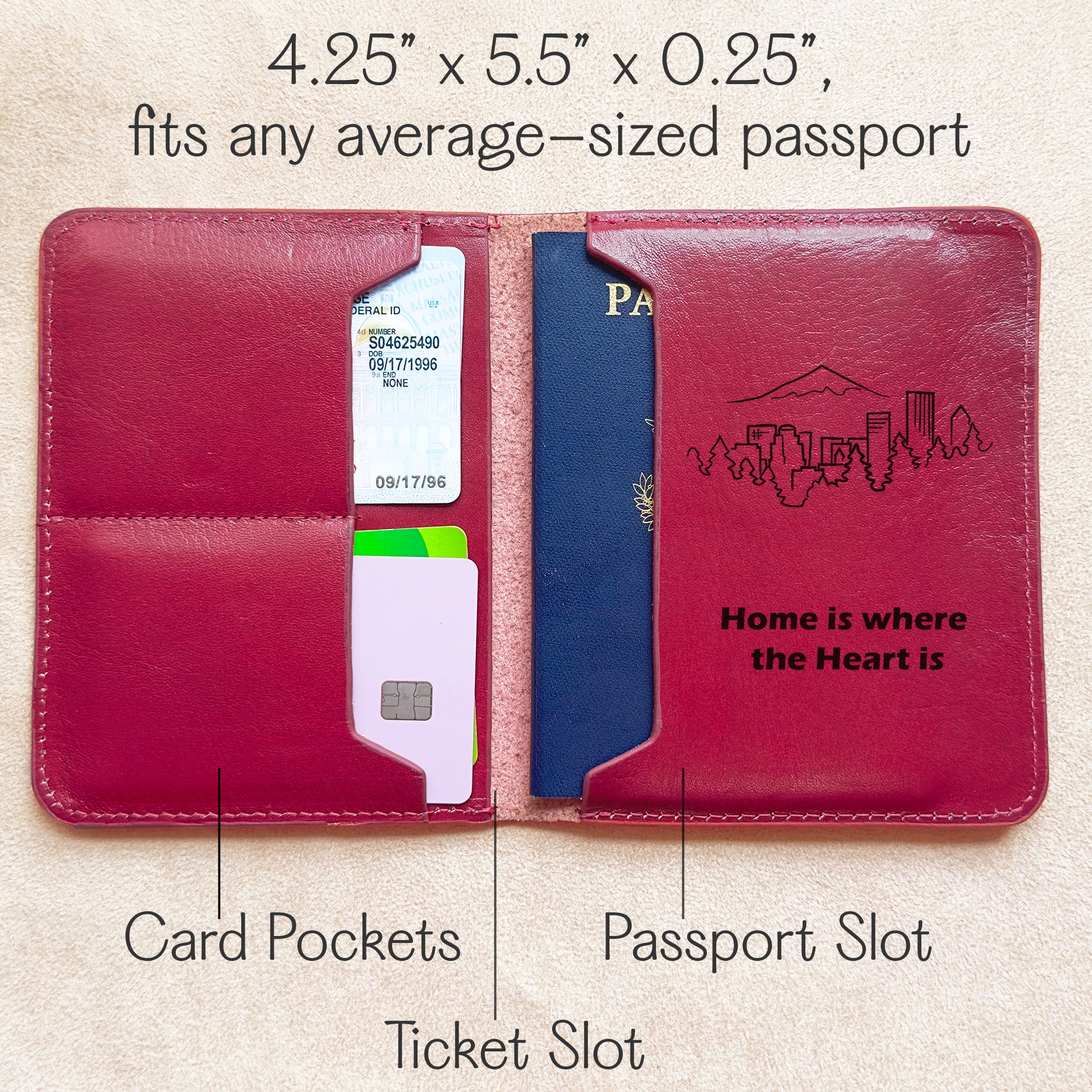 Personalized leather passport holder shown open with custom inside engraving, featuring card pockets, ticket slot, and passport sleeve. Fully customizable with quotes, handwriting, or monograms, this engraved leather travel wallet makes a thoughtful gift for graduations, honeymoons, anniversaries, or retirements. Handmade from genuine leather in multiple colors, it’s a practical yet meaningful travel accessory that keeps essentials secure while celebrating new adventures.