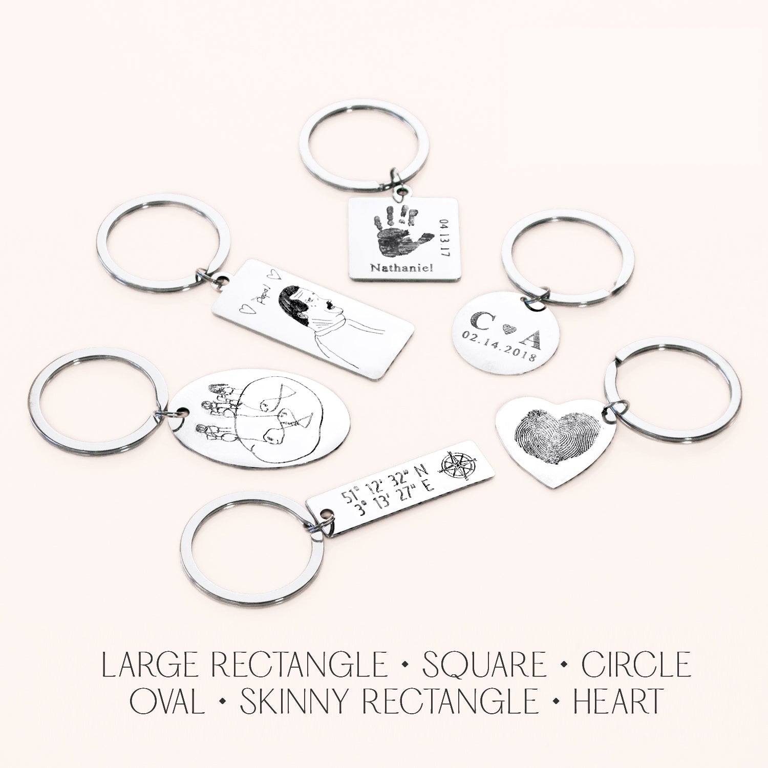 Silver Stainless Steel Keychain Shape Options for Customization including: Large Rectangle Keychain, Square Keychain, Circle Keychain, Oval Keychain, Skinny Rectangle Keychain, and Heart Keychain
