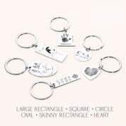 Silver Stainless Steel Keychain Shape Options for Customization including: Large Rectangle Keychain, Square Keychain, Circle Keychain, Oval Keychain, Skinny Rectangle Keychain, and Heart Keychain
