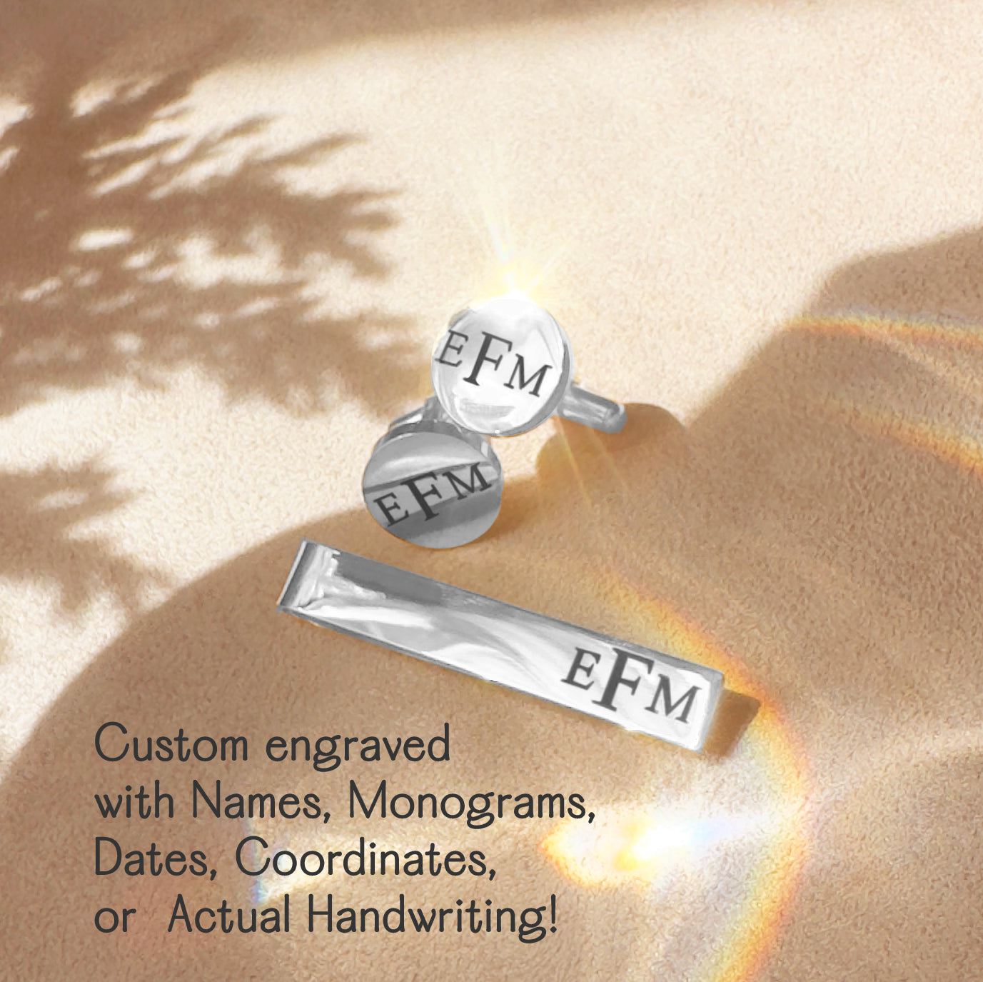 Silver tie bar and cufflinks engraved with initials “EFM,” styled with satin background. Personalized gift for groom, Father of the Groom, or groomsmen. Great for weddings, anniversaries, graduations, and Christmas. Gift-ready packaging included.