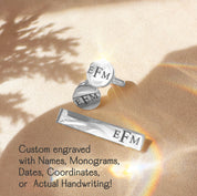 Silver tie bar and cufflinks engraved with initials “EFM,” styled with satin background. Personalized gift for groom, Father of the Groom, or groomsmen. Great for weddings, anniversaries, graduations, and Christmas. Gift-ready packaging included.