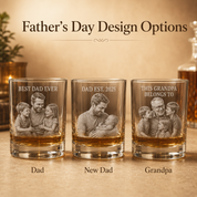 Father’s Day design options for custom whiskey glass with Dad, New Dad, and Grandpa examples.