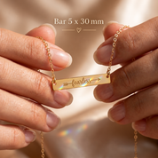 Personalized 30 x 5 mm engraved bar necklace showing pendant size
