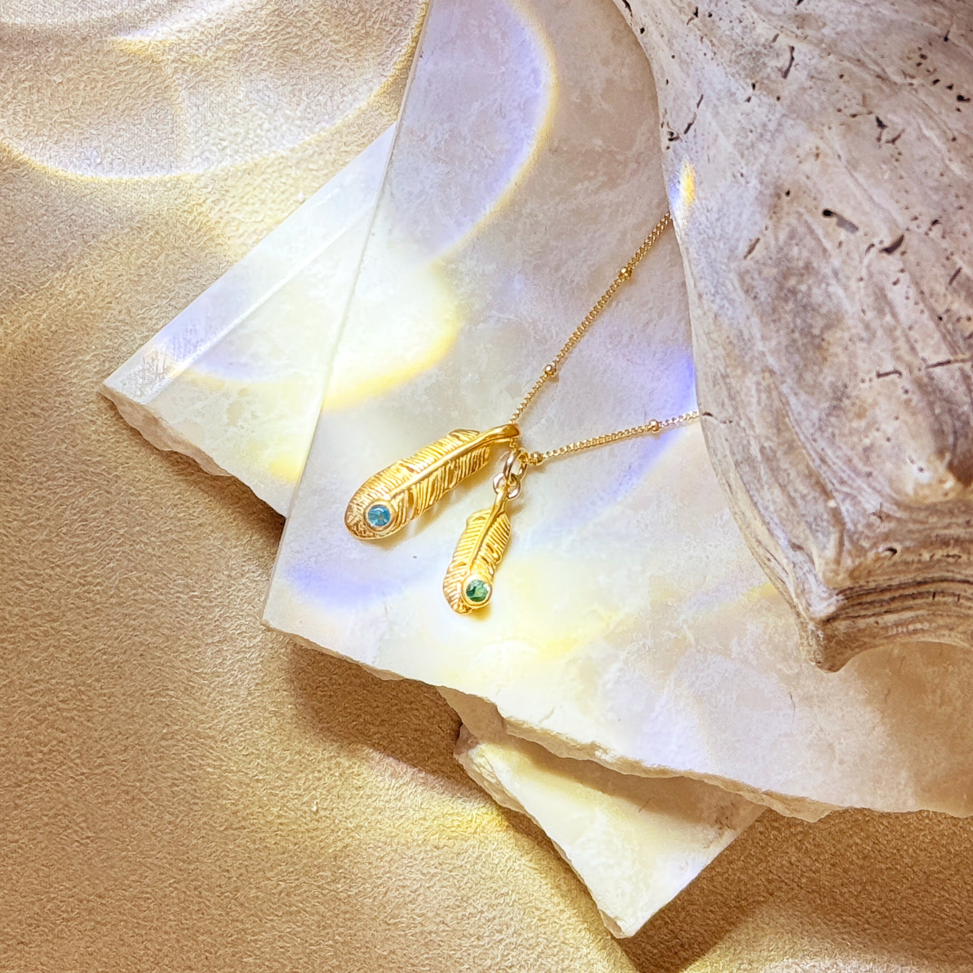 Mother Daughter Feather Birthstone Necklace
