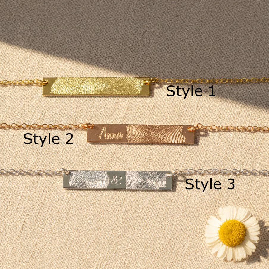 3 styles available: solo fingerprint, fingerprint & name, and 2 fingerprints with an ampersand sign in between. Customizable minimalist bar necklace Engraved minimalist jewelry gift Personalized bar necklace for her Minimalist gold bar necklace with engraving Custom silver bar pendant Engraved rose gold bar necklace