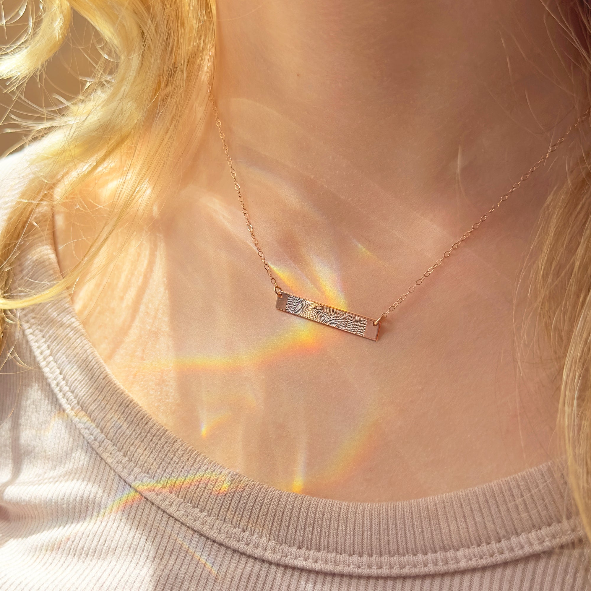 Actual Fingerprint Bar Necklace, Intimate Memorial Gift for Women, Custom Engraved Minimalist Bar, 14K Gold-Filled, Rose Gold or 925 Sterling Silver