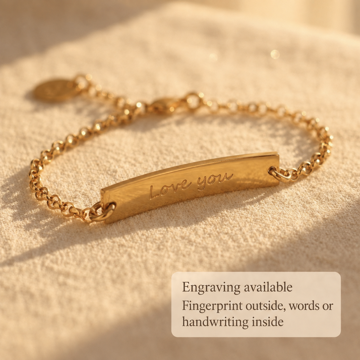 Gold fingerprint bar bracelet showing fingerprint engraving outside and optional words, dates, or handwriting inside.