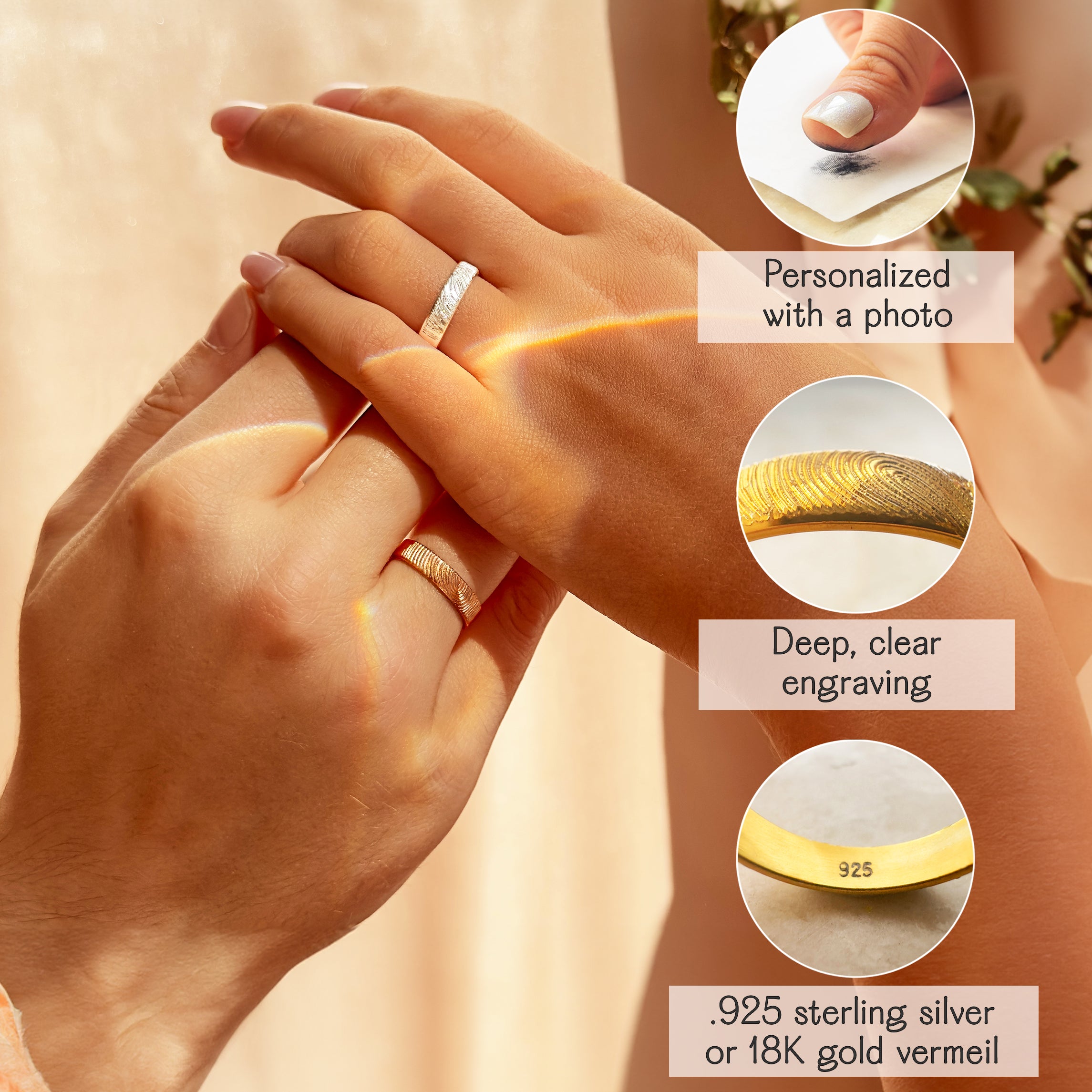 Couple holding hands wearing matching fingerprint rings, personalized from a photo, shown with deep, clear engraving details and close-ups of the textured band and “925” stamp, custom wedding or promise ring set in .925 sterling silver or 18K gold vermeil, meaningful gift for him and her.