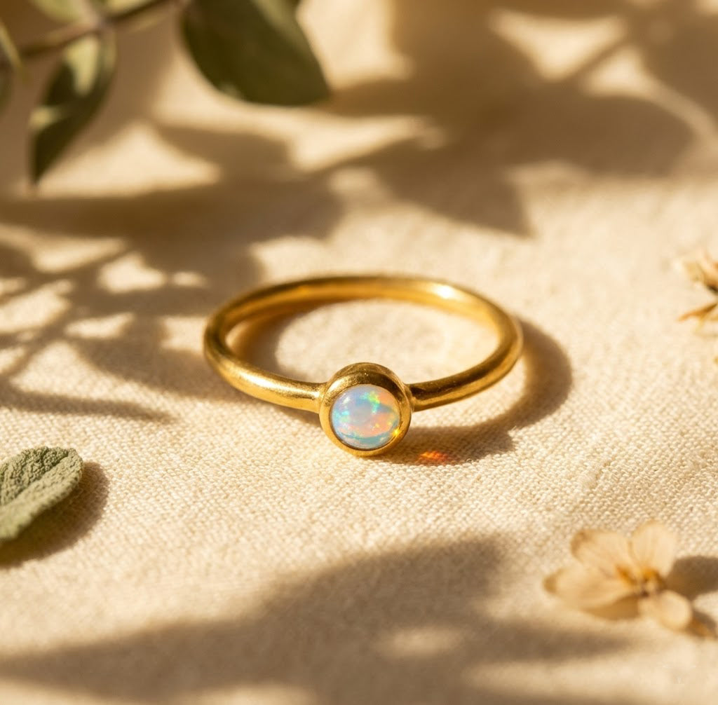 Minimalist gold ring with cabochon opalite gemstone