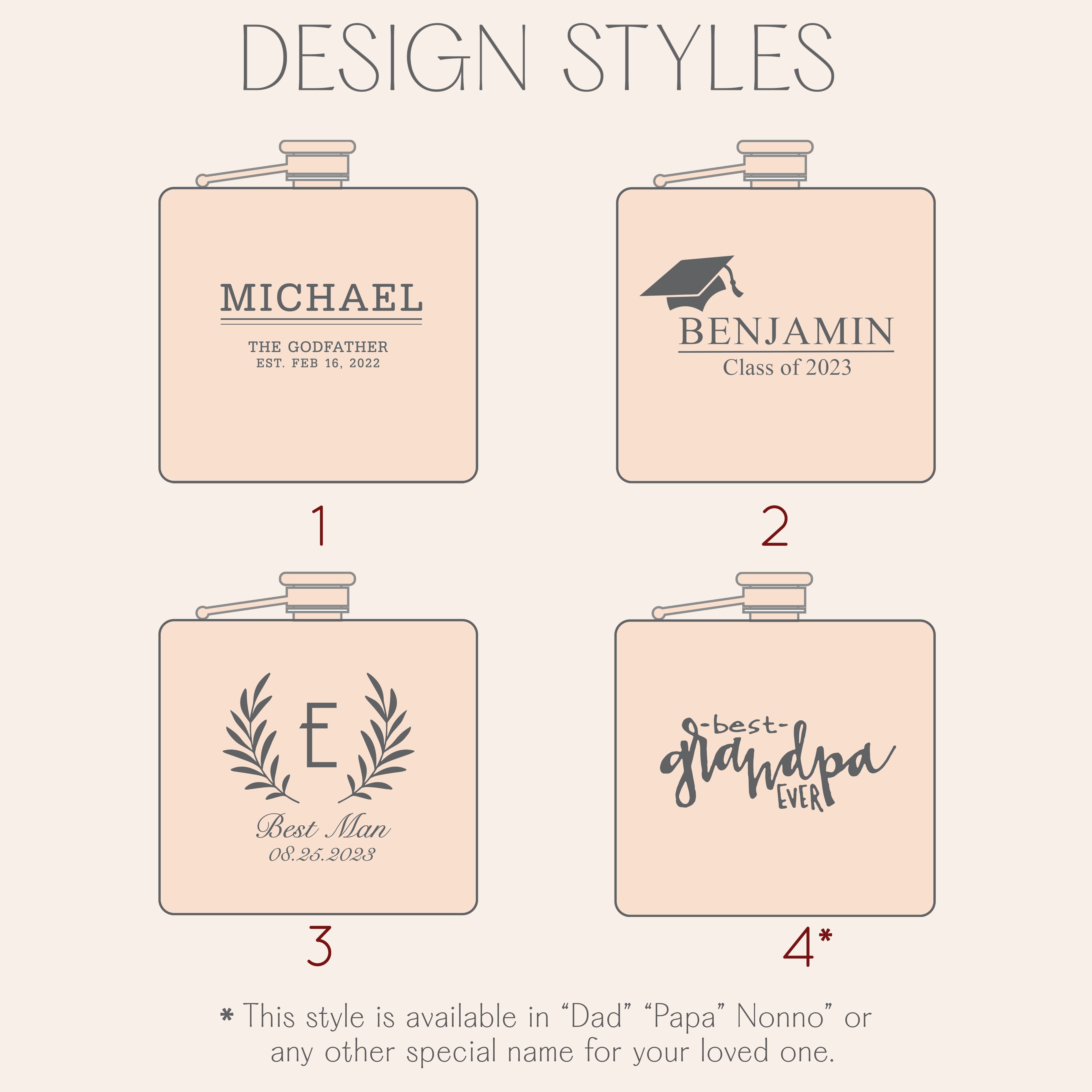 Choose from our design options to celebrate a name and date, college grad, wedding party or for father's day.