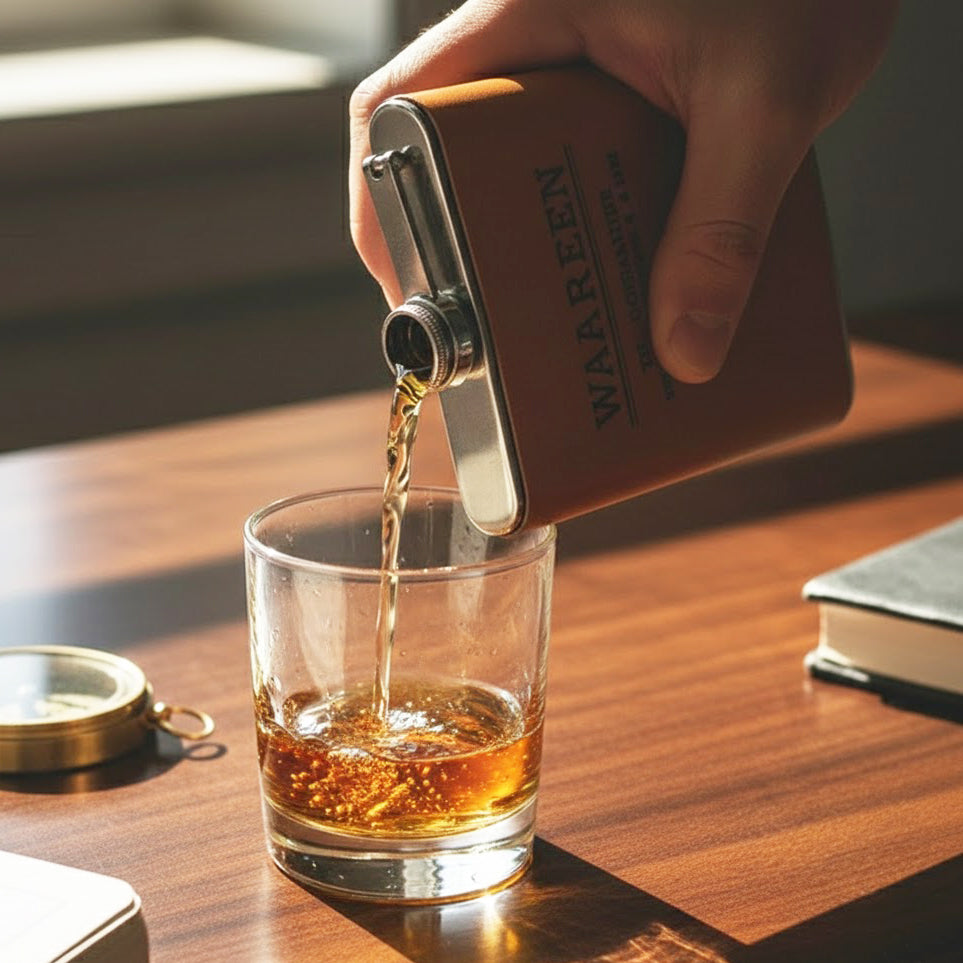 Close up of personalized leather flask engraved with name and message on wooden bar next to whiskey glass, custom engraved hip flask for groom, best man, groomsmen or father of the bride, men’s leather gift