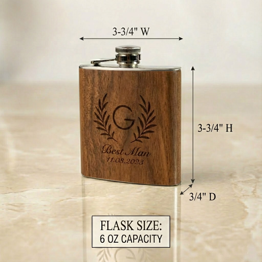 Personalized wooden flask shown with size dimensions and 6 oz capacity. Compact engraved flask designed for travel and everyday use.