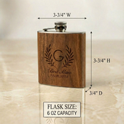 Personalized wooden flask shown with size dimensions and 6 oz capacity. Compact engraved flask designed for travel and everyday use.