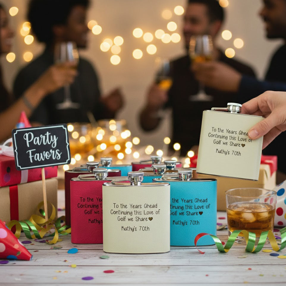 Group of friends celebrating with custom engraved leather flasks, gift boxes and name cards on bar, personalized flask gift set for groomsmen, groom, best man or birthday, stainless steel flasks wrapped in leather for men’s drinking accessories