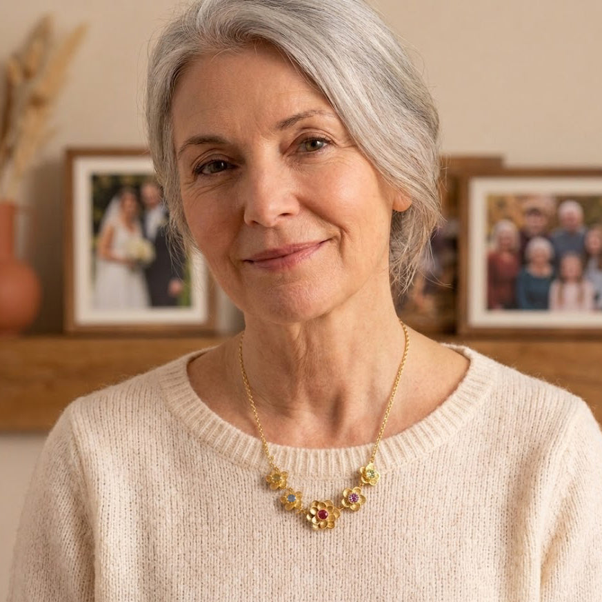 grandmother wearing custom family birthstone necklace close up