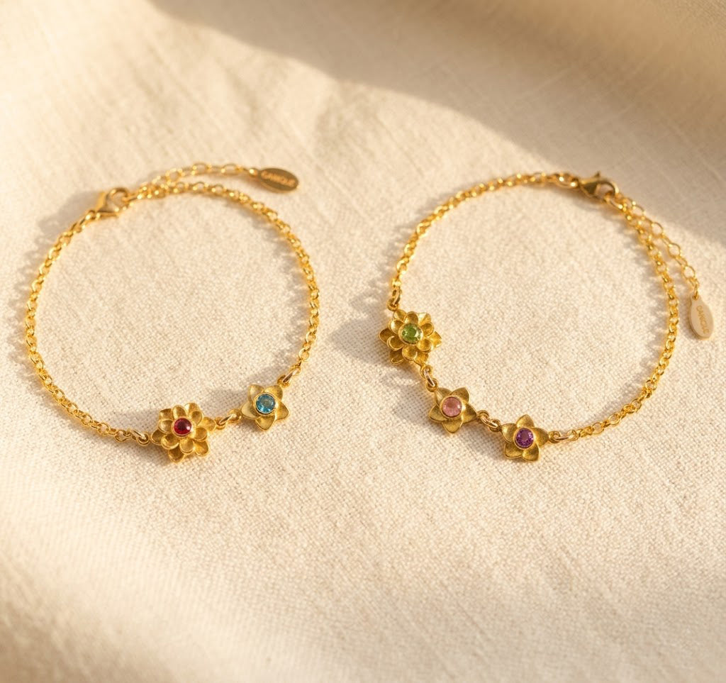 personalized birthstone bracelet for mom with each gemstone representing her children in a delicate Bloom-inspired flower setting crafted in sterling silver gold filled and rose gold filled customizable family birthstone bracelet meaningful mom gift for Mother’s Day birthday or Christmas adjustable chain minimalist feminine jewelry handmade high quality materials sentimental keepsake honoring motherhood and the special bond between mom and kids