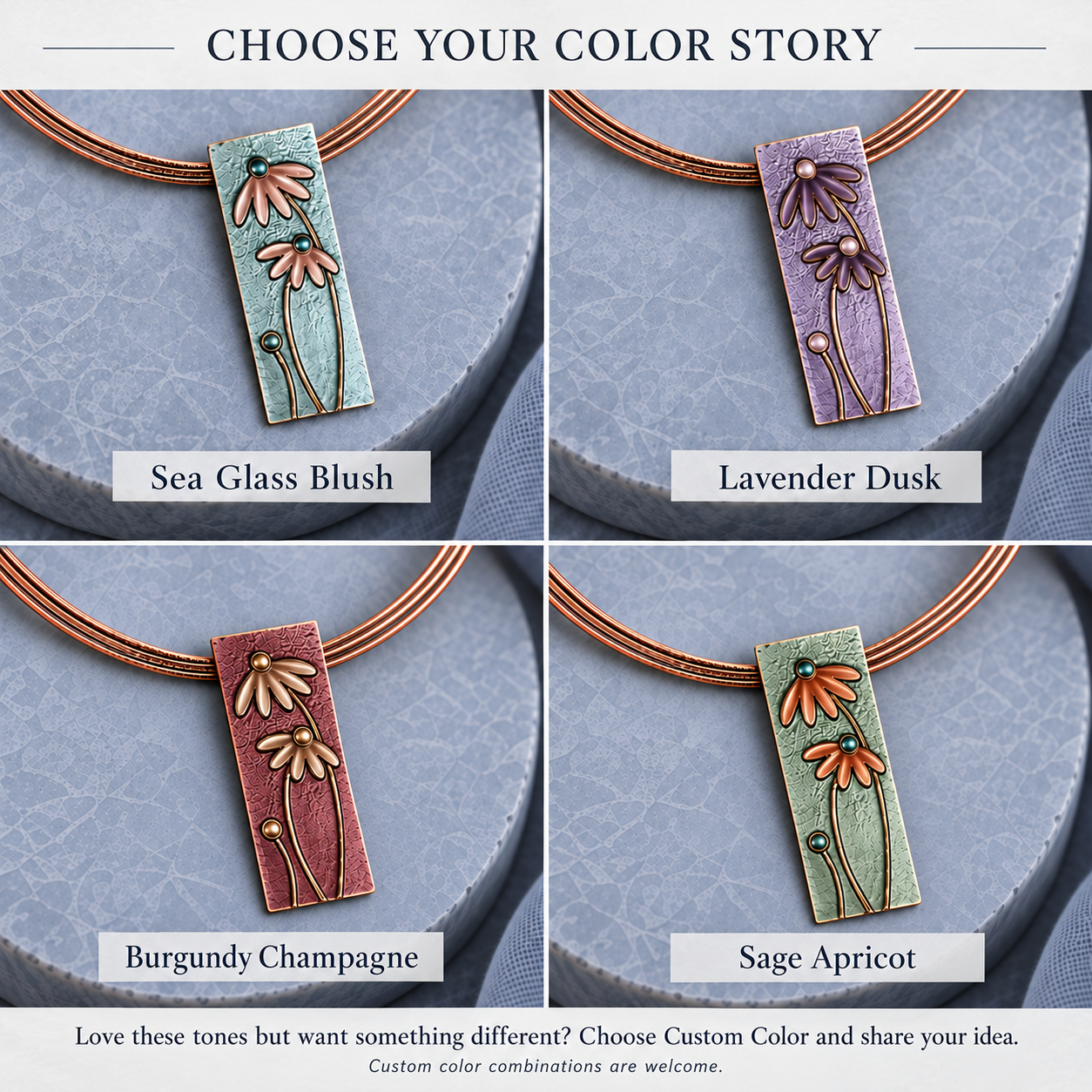 Pink and blue floral jewelry color options with rose gold tone finish
