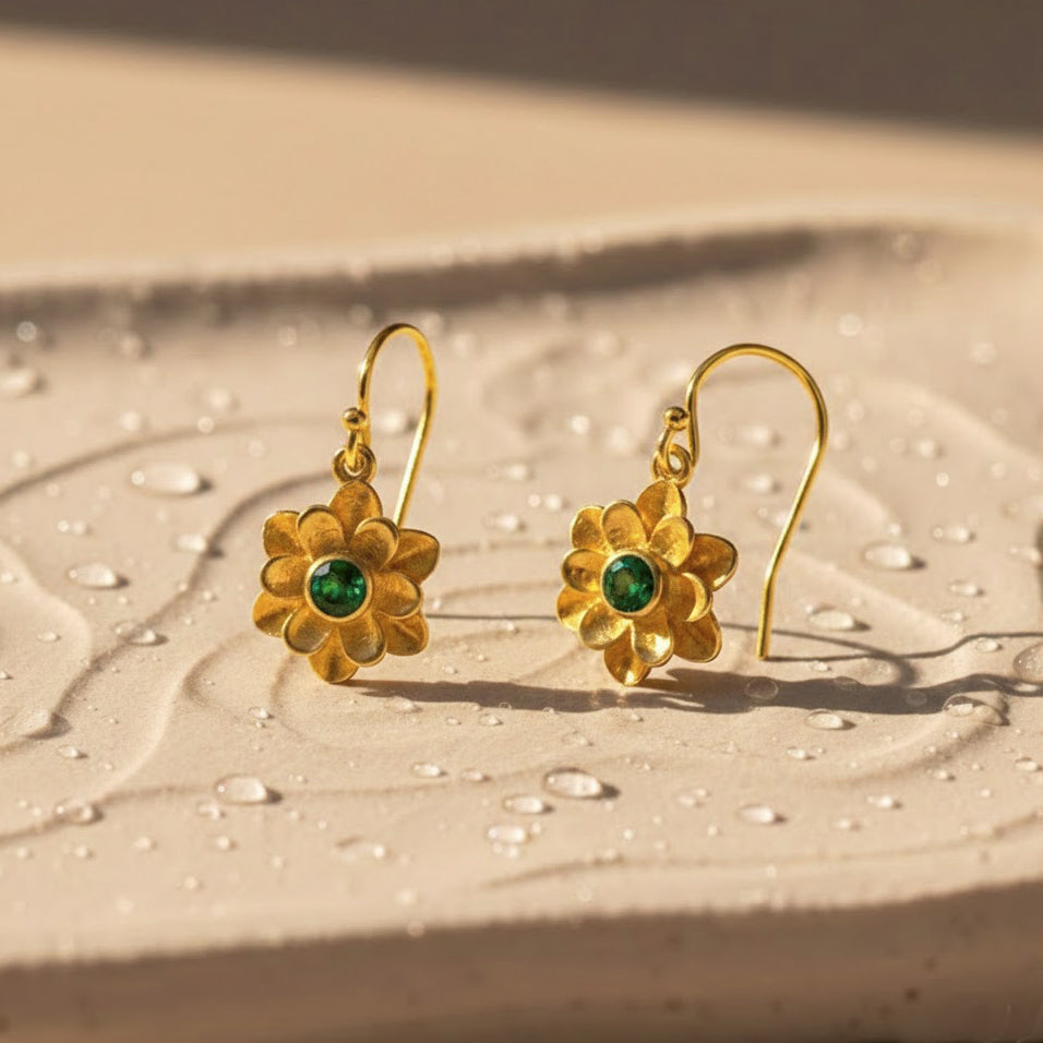 Minimalist flower charm earrings with birthstone center, handcrafted personalized jewelry for women