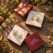 Custom birthstone flower earrings presented in branded gift boxes, ready for gift giving, personalized floral jewelry packaged for birthdays, Mother’s Day, weddings, or holidays