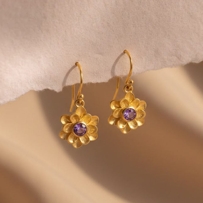 Custom birthstone flower drop earrings in gold filled finish featuring a delicate floral bloom charm and personalized gemstone, handmade jewelry gift for mom or grandma