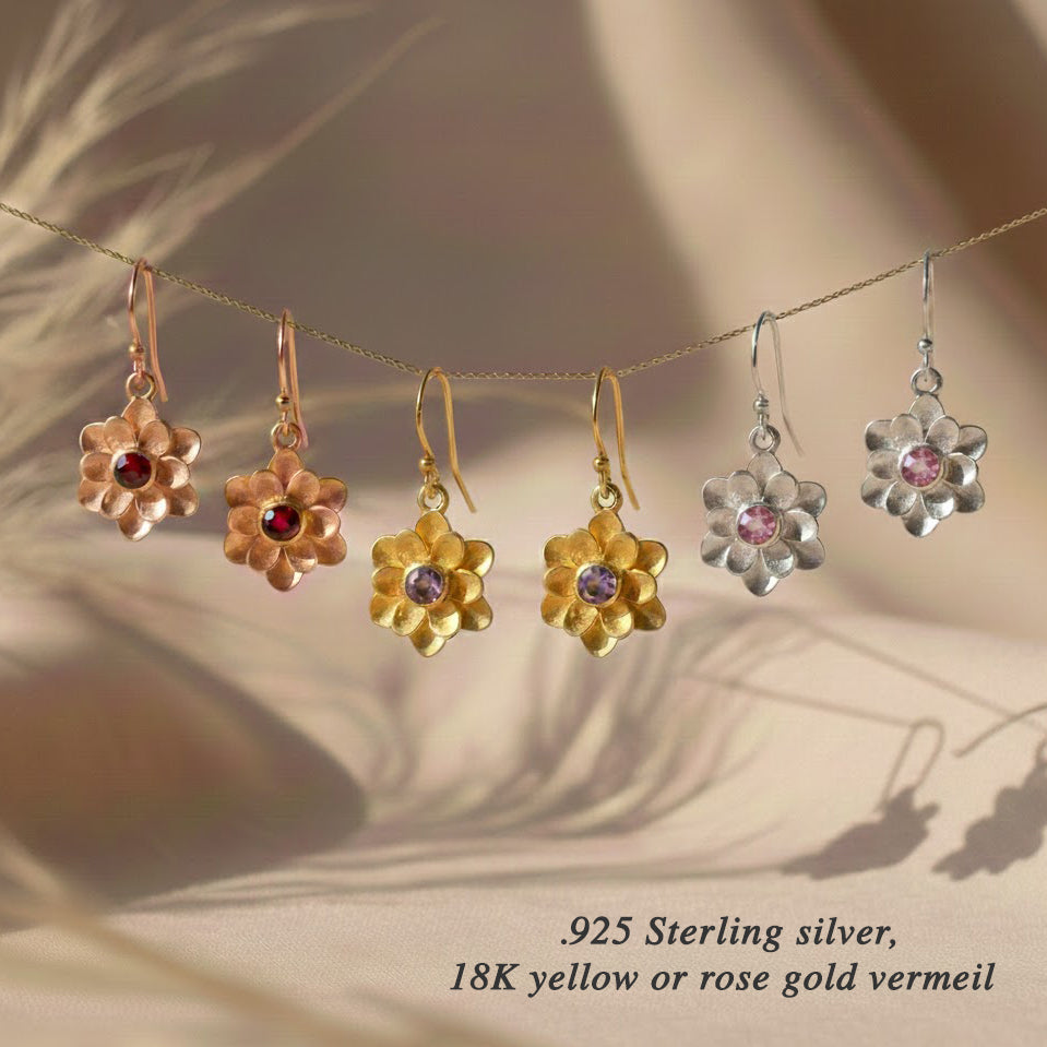 Custom birthstone flower earrings displayed in gift box, ready for gifting personalized jewelry for birthdays, Valentines or Mother’s Day