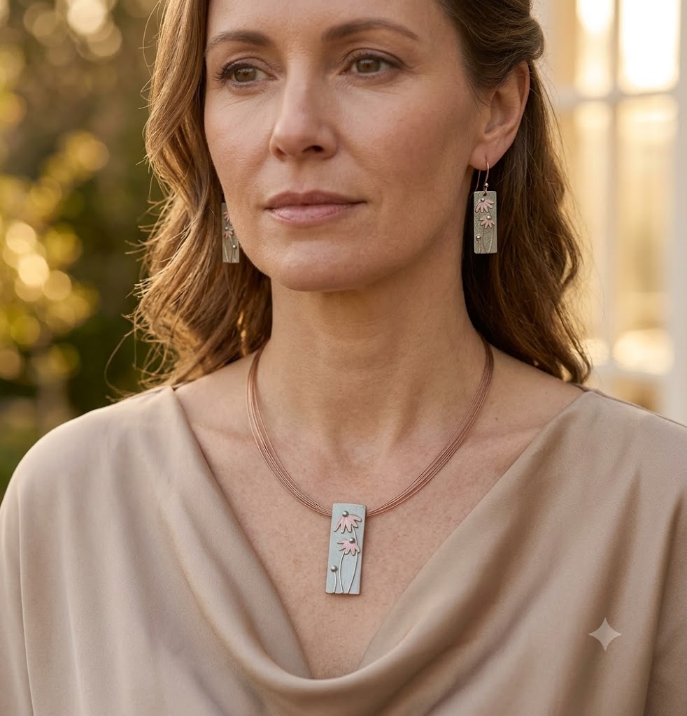 Woman wearing pink and blue floral dangle earrings
