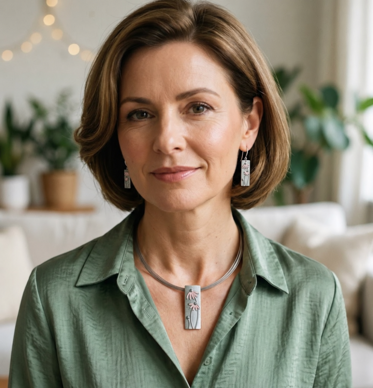 Woman wearing boho flower portrait pendant necklace with sage green blouse
 