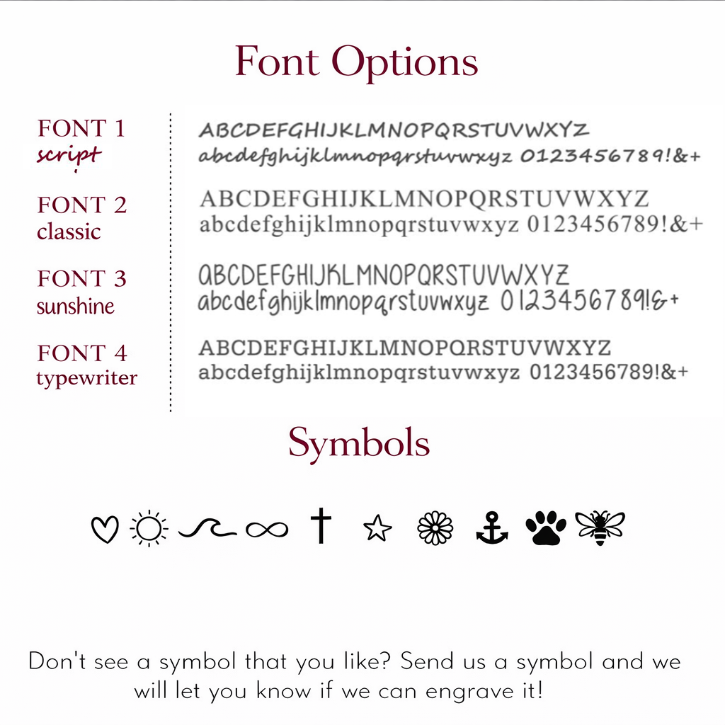 Font options for Custom engraved ring for mom with initial or symbol gold ring