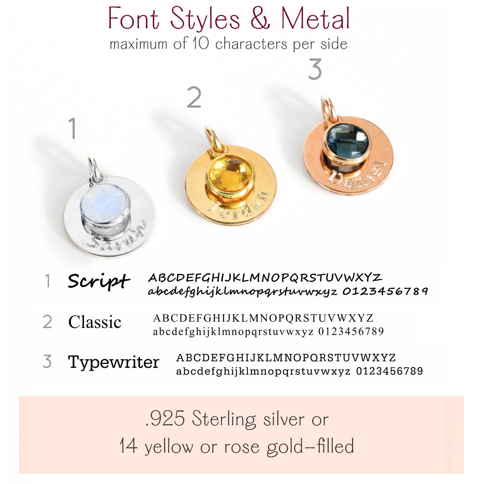 Display of engraving font styles (Script, Classic, Typewriter) and metal finishes for personalized mom and grandma necklaces. Highlighting customization choices for keepsake jewelry—ideal as gifts for new moms, mothers-in-law, or grandmothers.