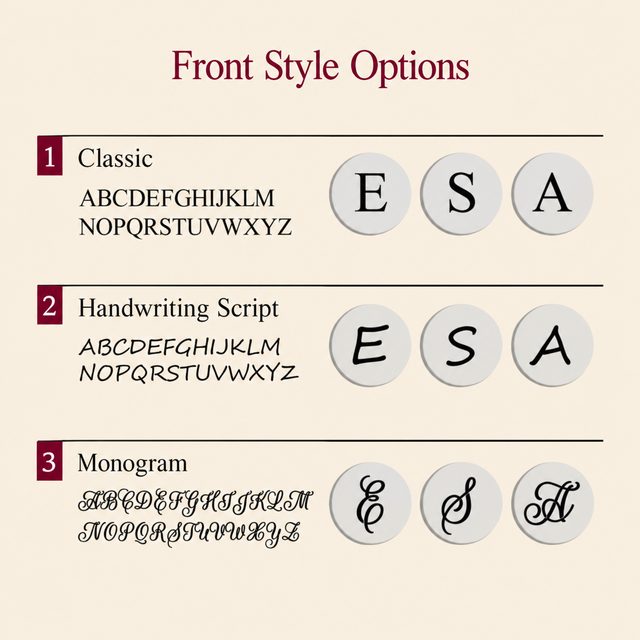 Font style options for personalized moonstone ring including Classic, Handwriting Script and Monogram Script.
