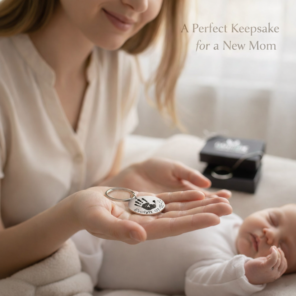 Lifestyle image of a mother holding an engraved baby footprint keychain beside her newborn, showcasing a real baby footprint turned into custom jewelry. This personalized baby footprint keychain is a cherished keepsake for new moms, capturing emotional moments through stainless steel engraving. Ideal as a Mother’s Day gift, birth keepsake, or sentimental reminder of a baby’s first days.