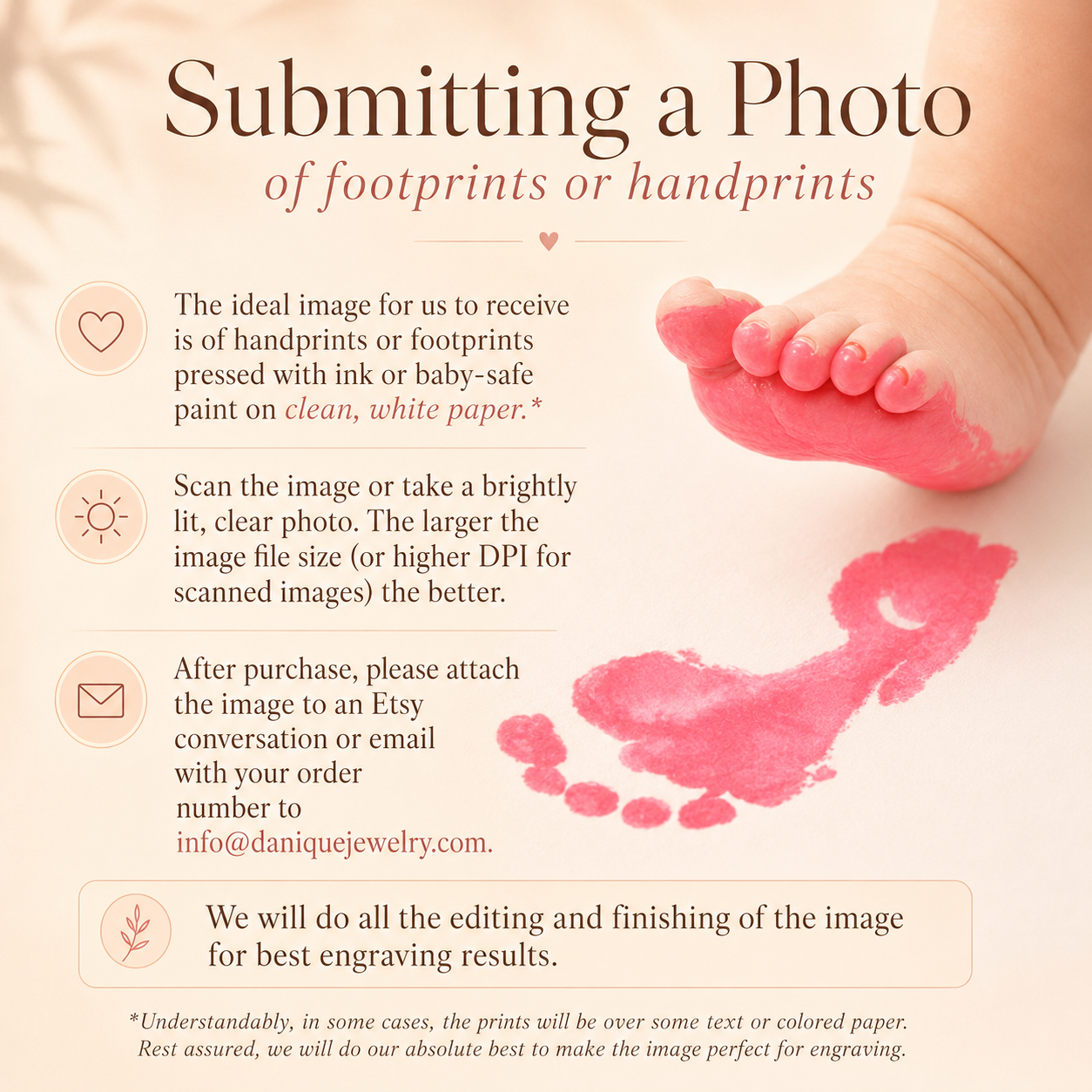 Submitting a photo guide for custom baby footprint bracelet, explaining how to send a clear baby footprint image for engraving.