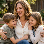 Mother with son and daughter wearing a personalized family birthstone necklace outdoors.