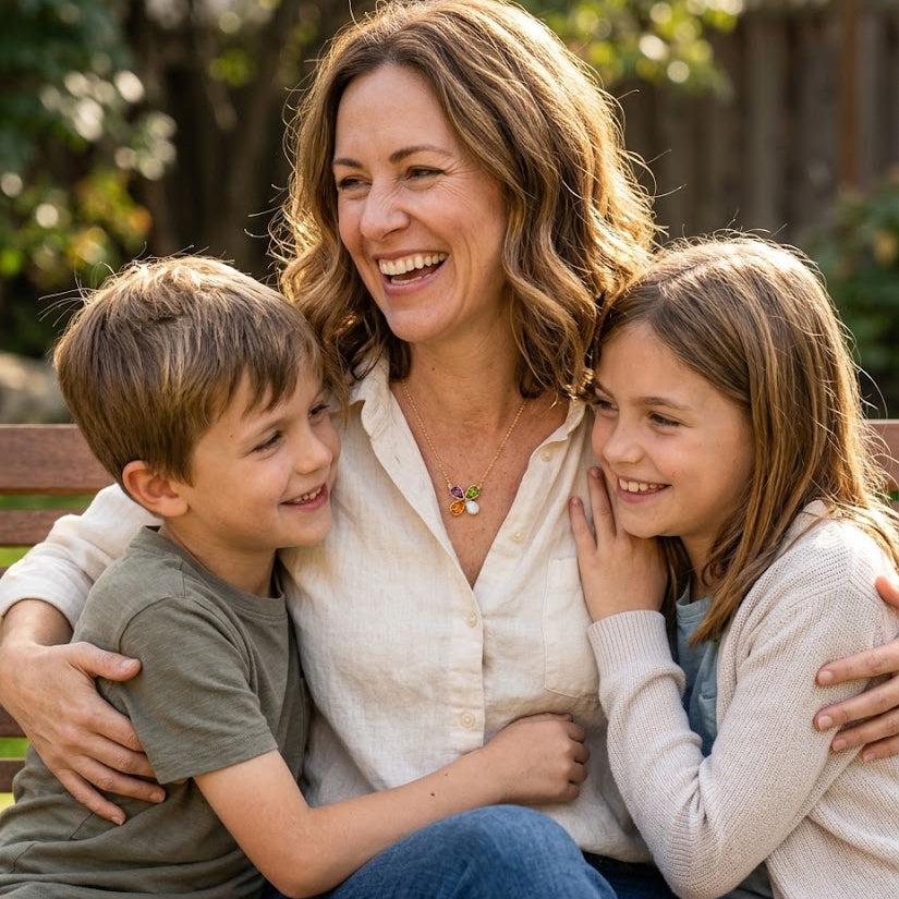 Mother with son and daughter wearing a personalized family birthstone necklace outdoors.