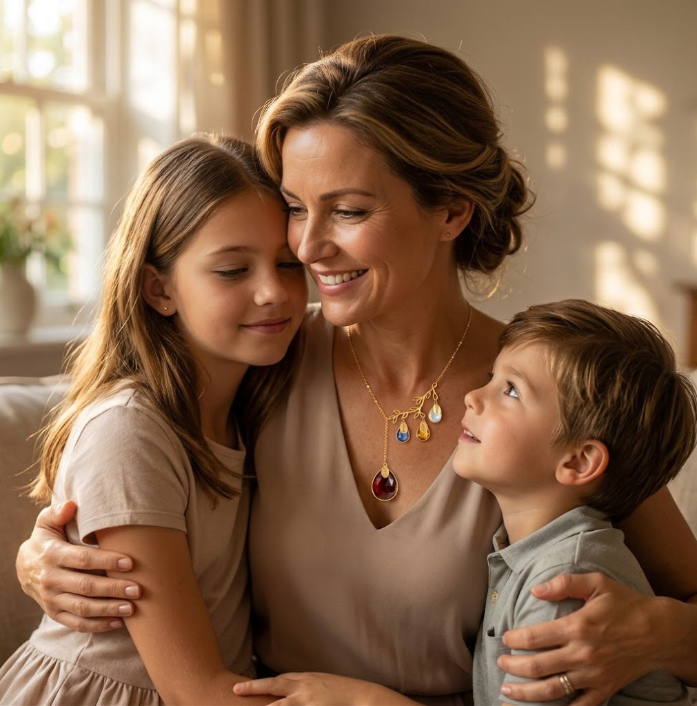 Personalized mom birthstone necklace with engraved name charms and gold teardrop pendant