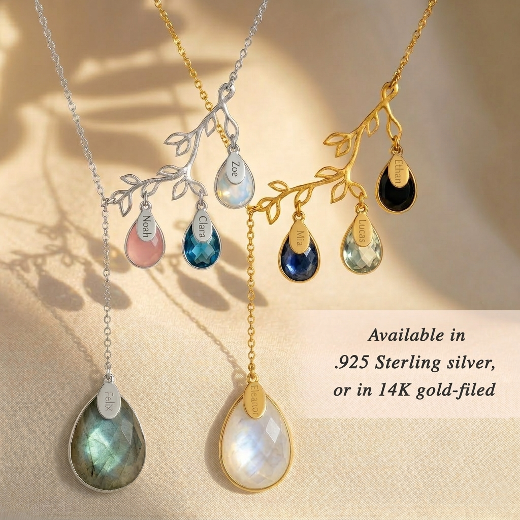 Gold personalized birthstone necklace for mom with engraved children name charms and colorful gemstones