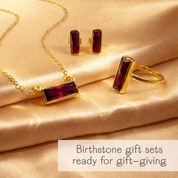 Garnet January birthstone ring with matching Adira necklace and earrings