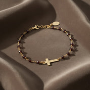 Gold and silver faith bracelet featuring engraved cross charm and name plate; handmade custom jewelry for Christian gifts, baptism, birthdays, Christmas or anniversary.