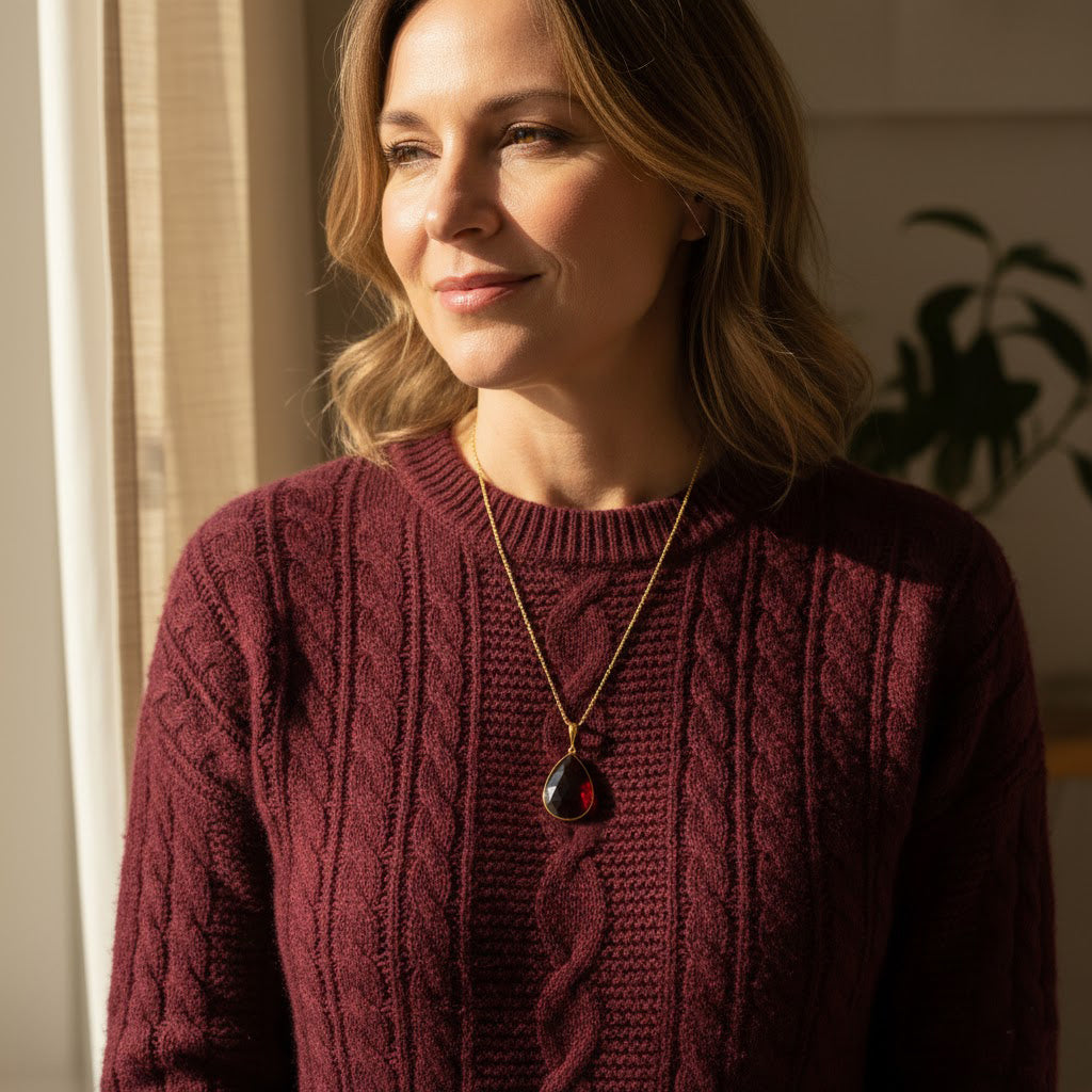 Woman wearing custom teardrop pendant January birthstone necklace in natural light