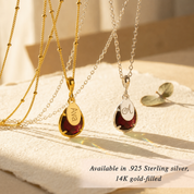 Gold and silver garnet necklaces showing .925 sterling silver and 14K gold-filled options.