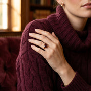 Model wearing January Birthstone Garnet Oval Bezel Set Rind in gold