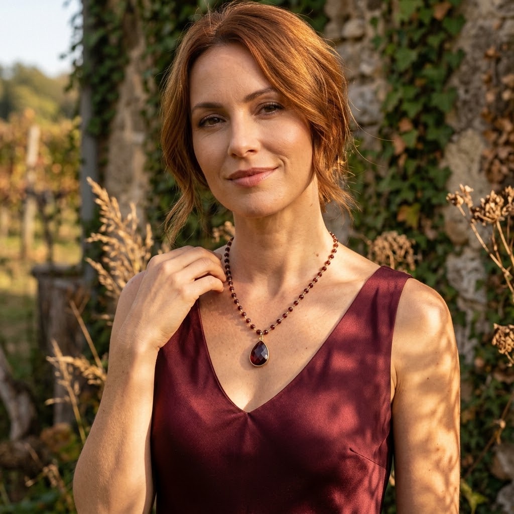 Woman wearing garnet teardrop birthstone necklace with wire wrapped chain