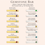 Gemstone bar chart showing birthstone options for personalized engraved name bar necklaces